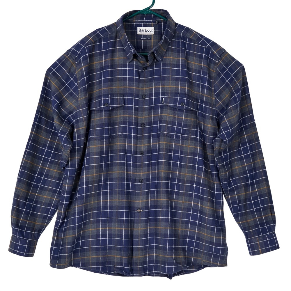Barbour Keel Button-Down Mens XL Navy Blue Plaid Flannel Tailored Fit Cotton